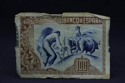 【淘币小摊】限时拍第八百二十八拍  纸币场  满百包邮可预留两周  周一统一发货  -   西班牙1937年100比赛塔纸币【有折】