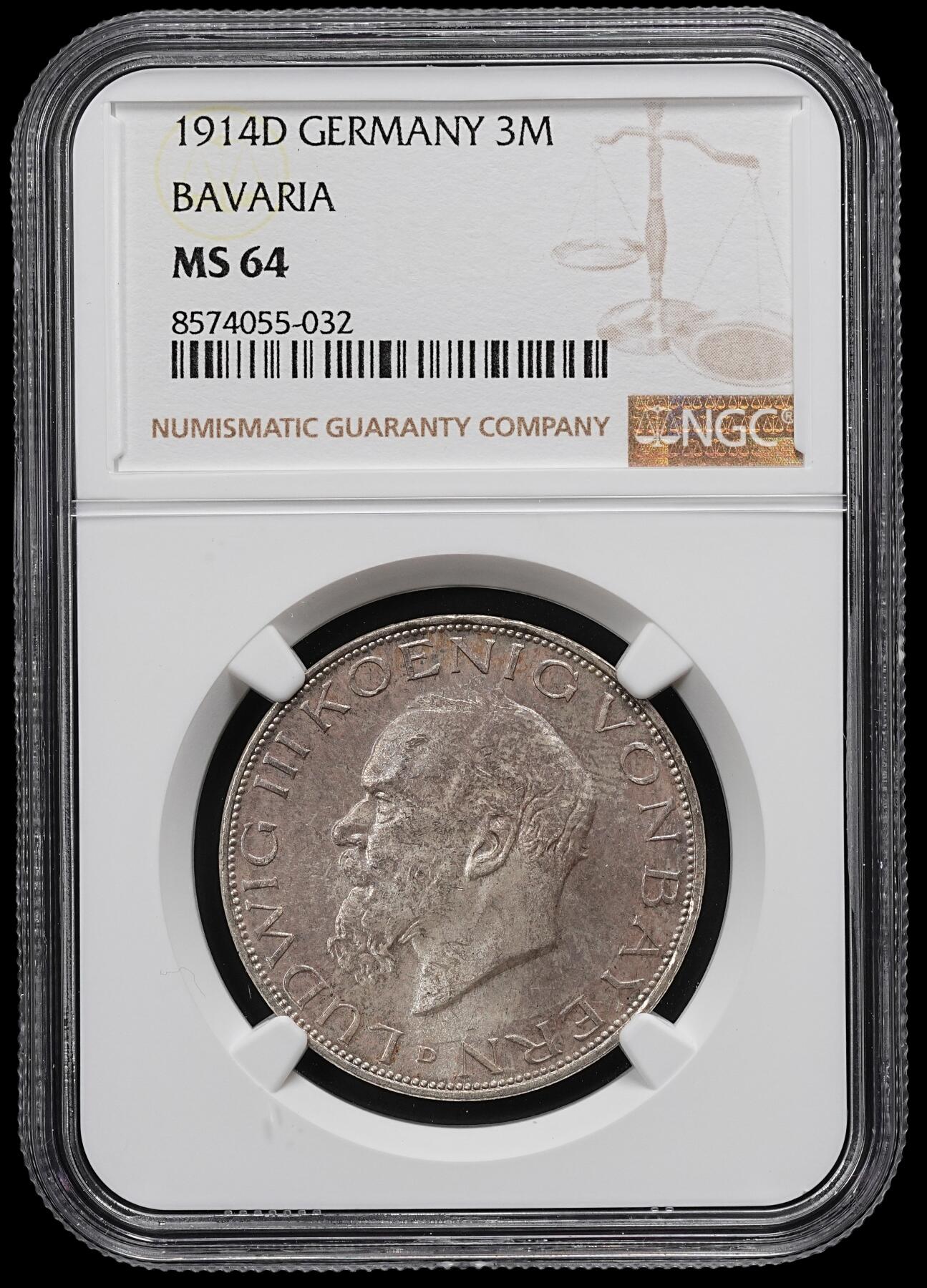 修遠堂世界钱币第九十七期 NGC MS64 1914年巴伐利亚3马克银币 纸袋包浆