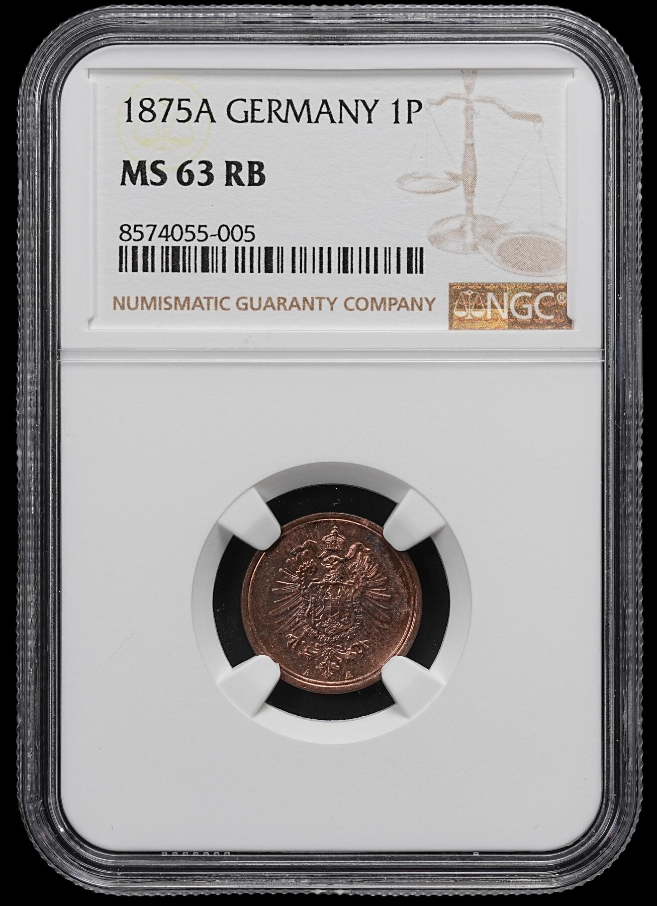 修遠堂世界钱币第九十七期 NGC MS63RB 1875年德国1芬尼铜币 A厂铭