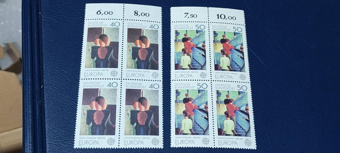🔥套票🔥德国邮票专场，都是四方联套票 德国邮票四方联一套。1975年发行，欧罗巴 施勒默尔绘画 等2全