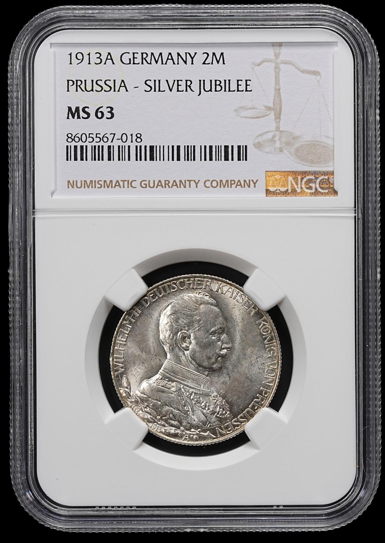 修遠堂世界钱币第九十七期 NGC MS63 1913年普鲁士威廉二世登基25周年纪念2马克银币