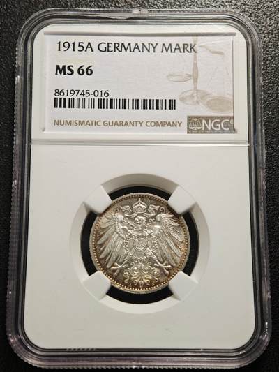 【德藏】世界币章拍卖第157期（拍品征集中~欢迎藏友联系） - 1915年 德国1马克银币 NGC MS66 环彩包浆 原光极强