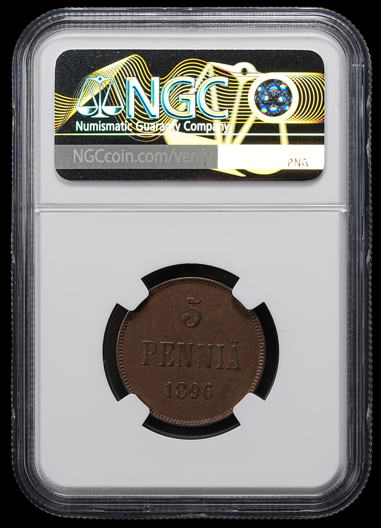 修遠堂世界钱币第九十七期 NGC MS61BN 1896年芬兰5盆尼铜币 特年 书价高