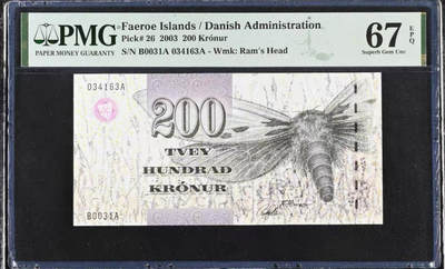 【礼羽收藏】🌏世界钱币拍卖第116期 - 【B0031A】法罗群岛 2003年 200克朗 细线飞蛾 极稀少首发冠 PMG67