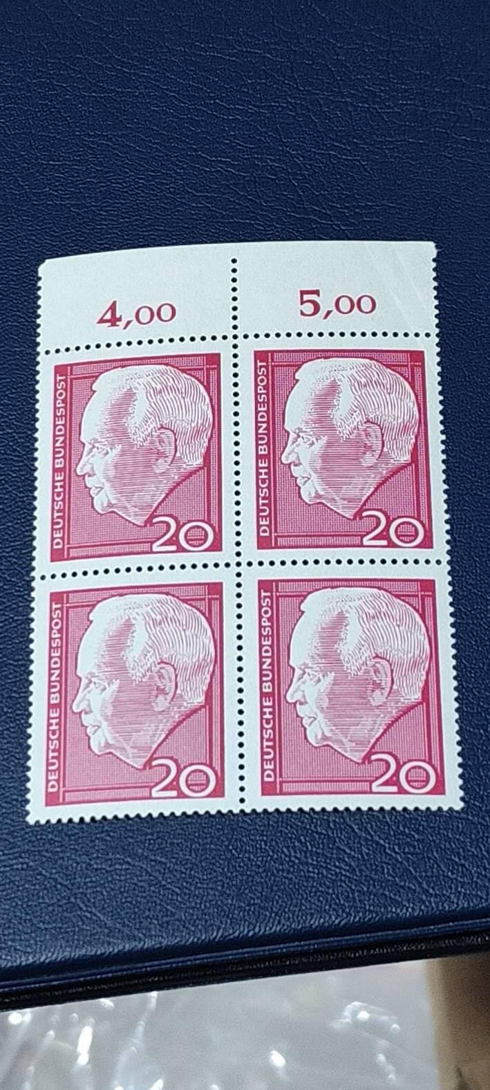 德国邮票专场，都是四方联 德国邮票四方联，1964年发行，吕布克再次当选联邦德国总统，品相如图