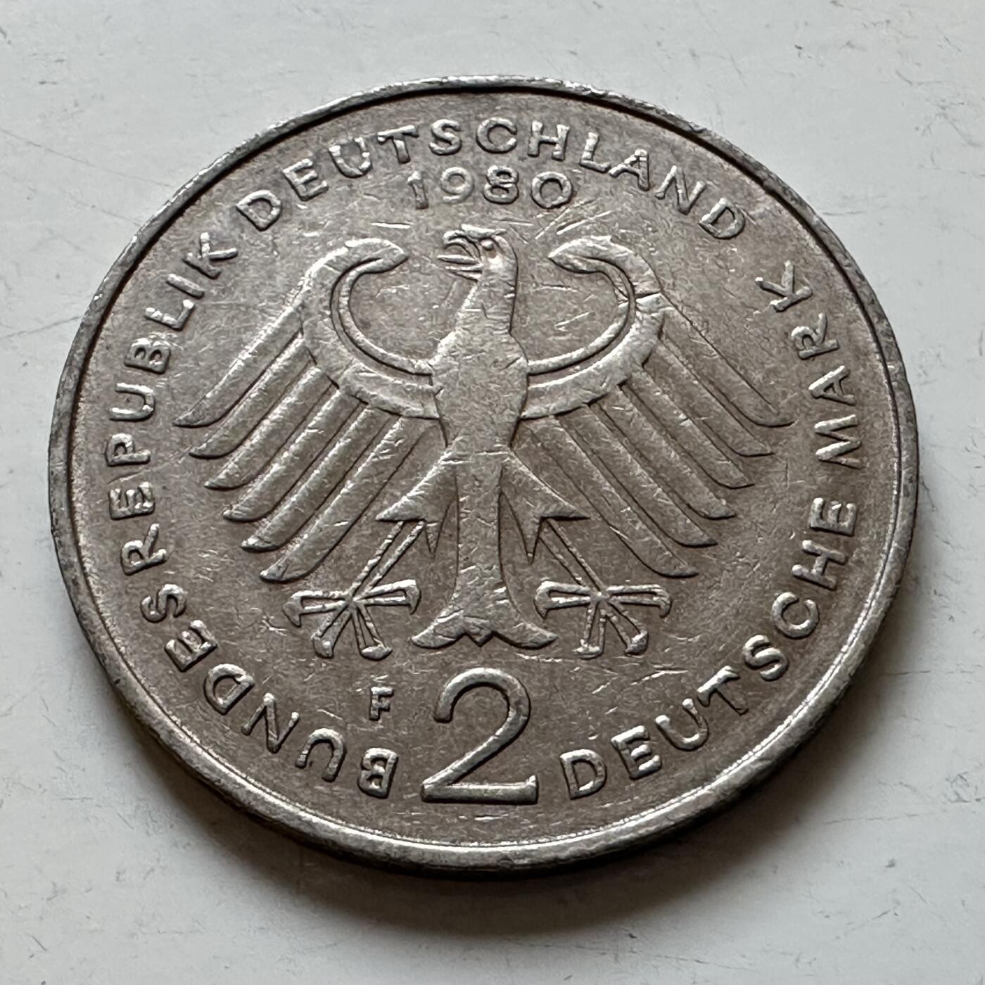 🌹外币初藏🌹🐯2025年第140场  每周二四六晚8️⃣点 接代拍 德国1980年F版 2马克 德国前总理舒马赫