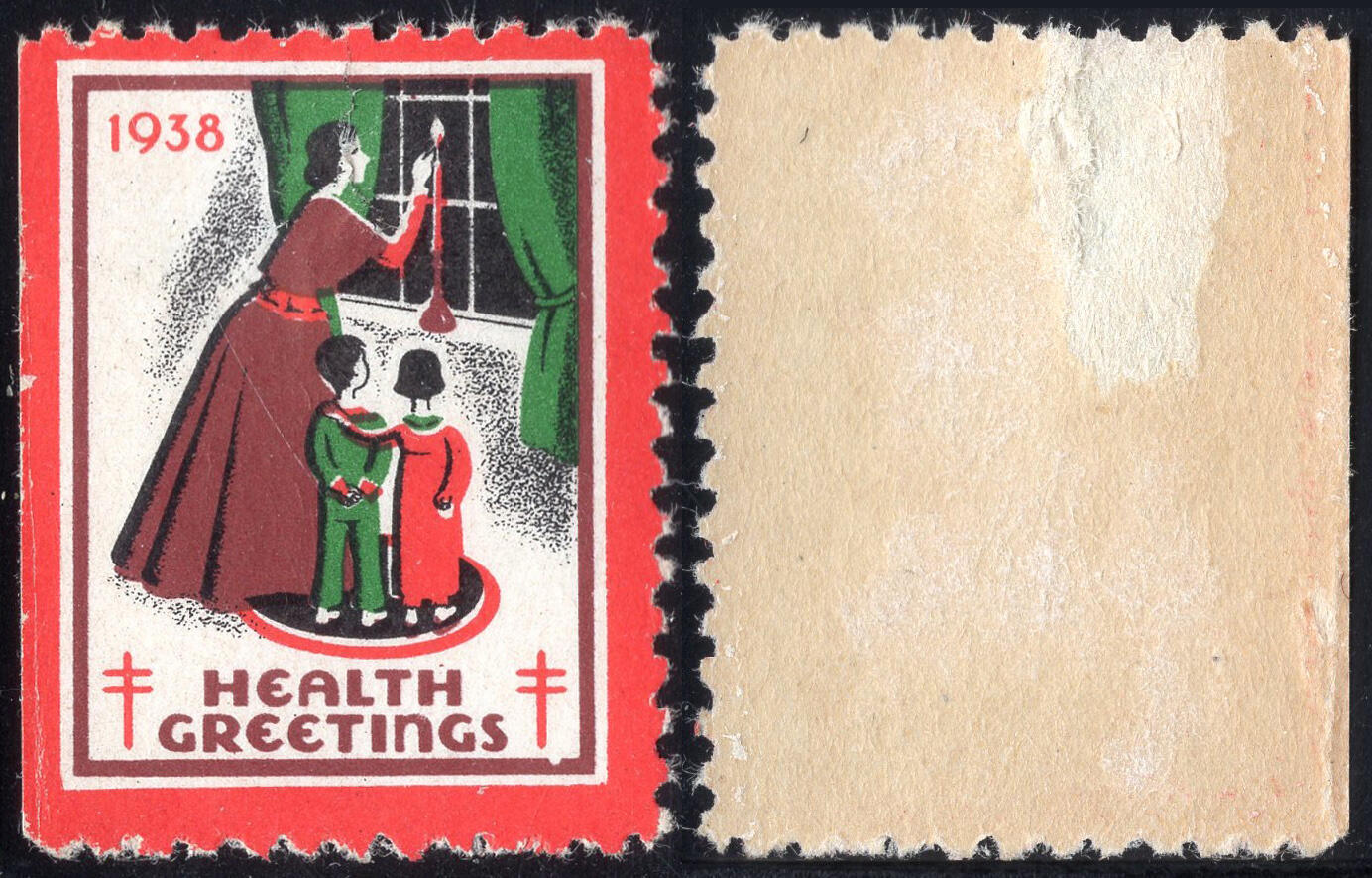 洪涛臻品批发群 精选邮票限时拍卖第1195期  美国圣诞节封缄票1938年, 原胶品如图, 窗口点蜡烛的母子与两个防痨病标志