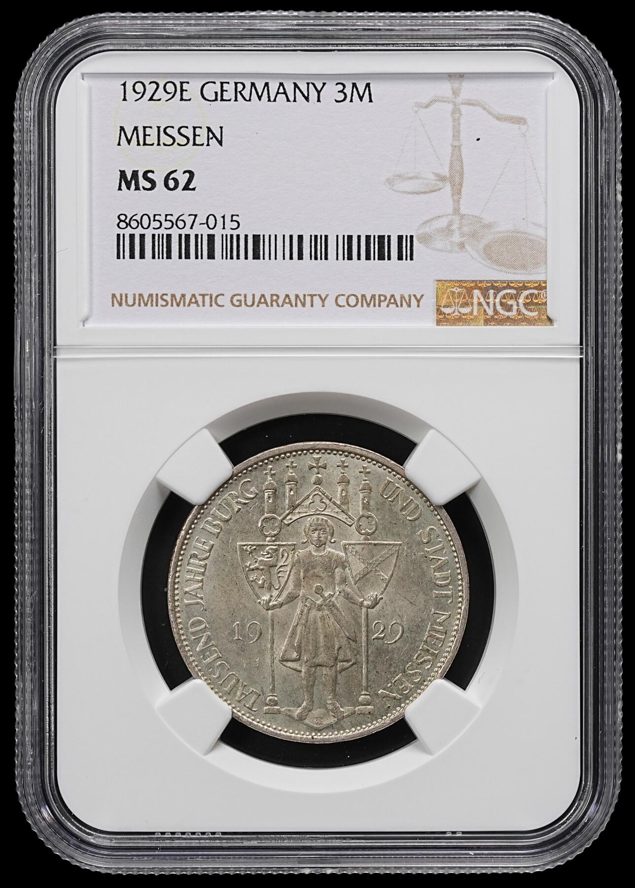修遠堂世界钱币第九十七期 NGC MS62 1929年德国魏玛共和国-梅森建城千年纪念3马克银币