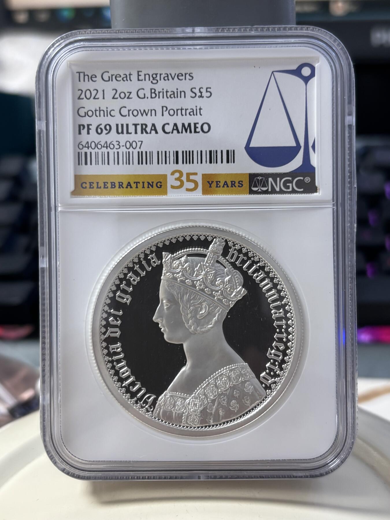 第184期拍卖 英国2021年维多利亚女王雕刻师哥特人像精制纪念加厚银币NGC-PF69，2盎司，999银