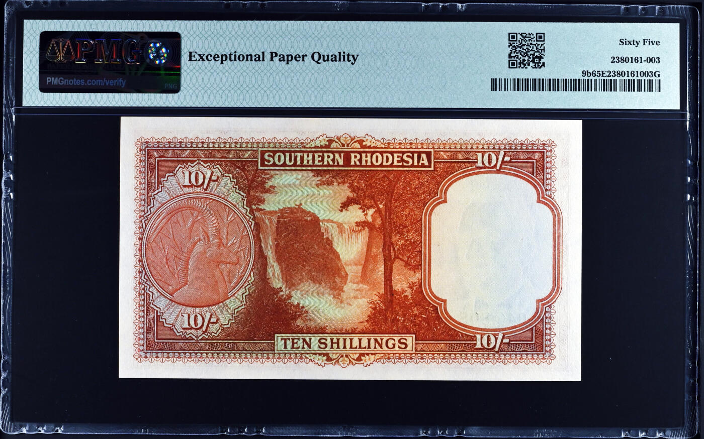 【Blue Auction】世界纸币精拍第761期——18级TOP拍卖/信誉/品质/专业/高效💫  【亚军分 808尾】英属南罗德西亚 1945年10先令 PMG65EPQ 绝品 英王乔六 背面为非洲最大瀑布——维多利亚大瀑布 短暂流通 收藏级的品相 