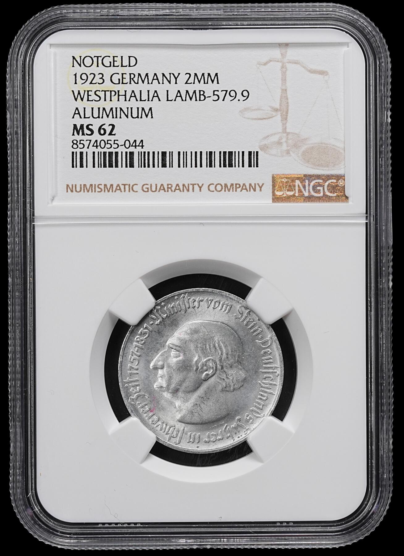 修遠堂世界钱币第九十七期 NGC MS62 1923年德国紧急时期威斯特法伦200万马克铝质马币