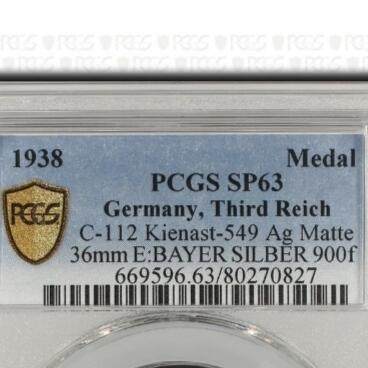 【德藏】世界币章拍卖第157期（拍品征集中~欢迎藏友联系） - 1938年 德国民族社会主义工人党慕尼黑协议纪念银章 章牌大师卡尔·歌茨作品 PCGS SP63 稀少品种 正面其他人为：德国民族社会主义工人党党首、墨索里尼、张伯伦和达拉第（原图请查询PCGS评级官网）