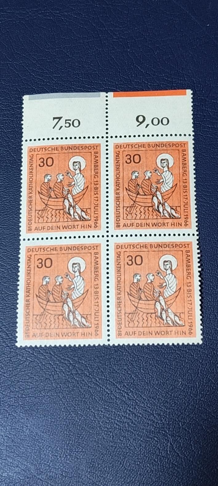 德国邮票专场，都是四方联 德国邮票四方联，1966年发行， 代表大会上帝和捕鱼者。品相如图