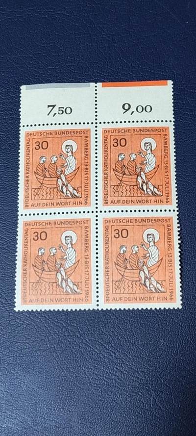 德国邮票专场，都是四方联 - 德国邮票四方联，1966年发行， 代表大会上帝和捕鱼者。品相如图
