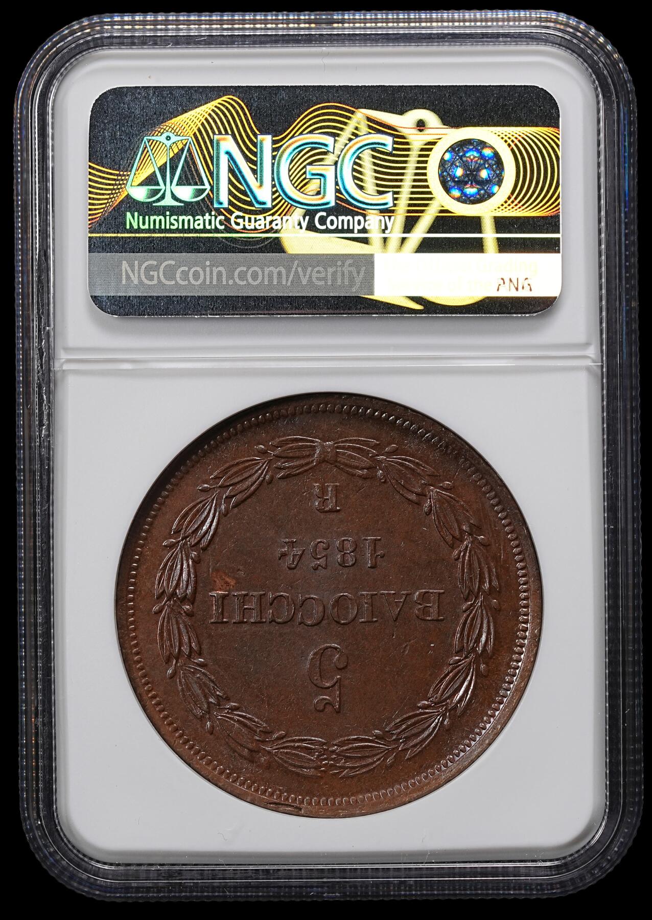 修遠堂世界钱币第九十七期 NGC MS64BN 1854年教皇国5 BAIOCCHI大铜币 重达37g 加厚盒 冠军分
