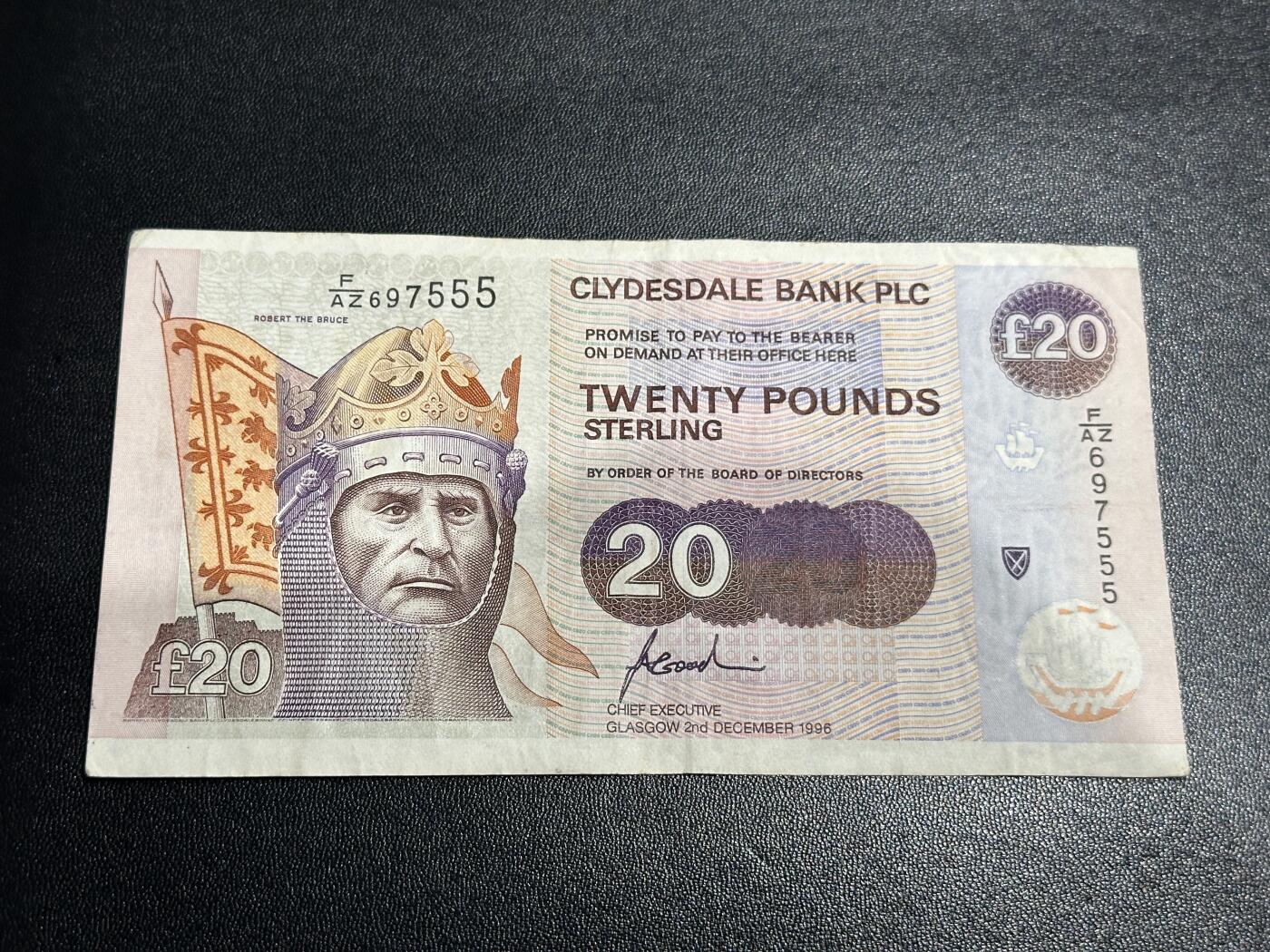 《外钞收藏家》第五百九十三期（精品场）（本平台长期征集拍品、欢迎藏友们联系合作） 苏格兰克莱斯戴尔银行20镑 非全新 品相如图 豹子号555