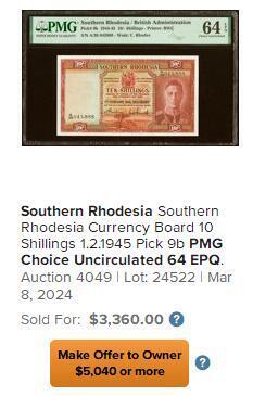 【Blue Auction】世界纸币精拍第761期——18级TOP拍卖/信誉/品质/专业/高效💫  【亚军分 808尾】英属南罗德西亚 1945年10先令 PMG65EPQ 绝品 英王乔六 背面为非洲最大瀑布——维多利亚大瀑布 短暂流通 收藏级的品相 