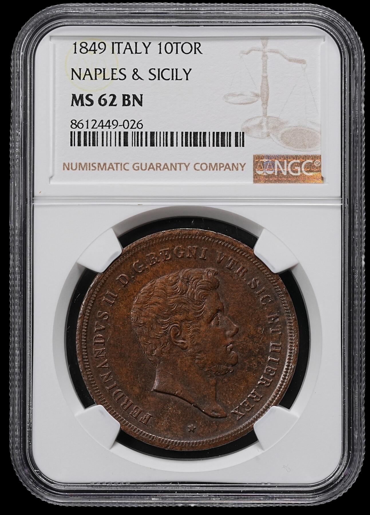修遠堂世界钱币第九十七期 NGC MS62BN 1849年那不勒斯和西西里王国10 TORNESI大铜币 重31.18g