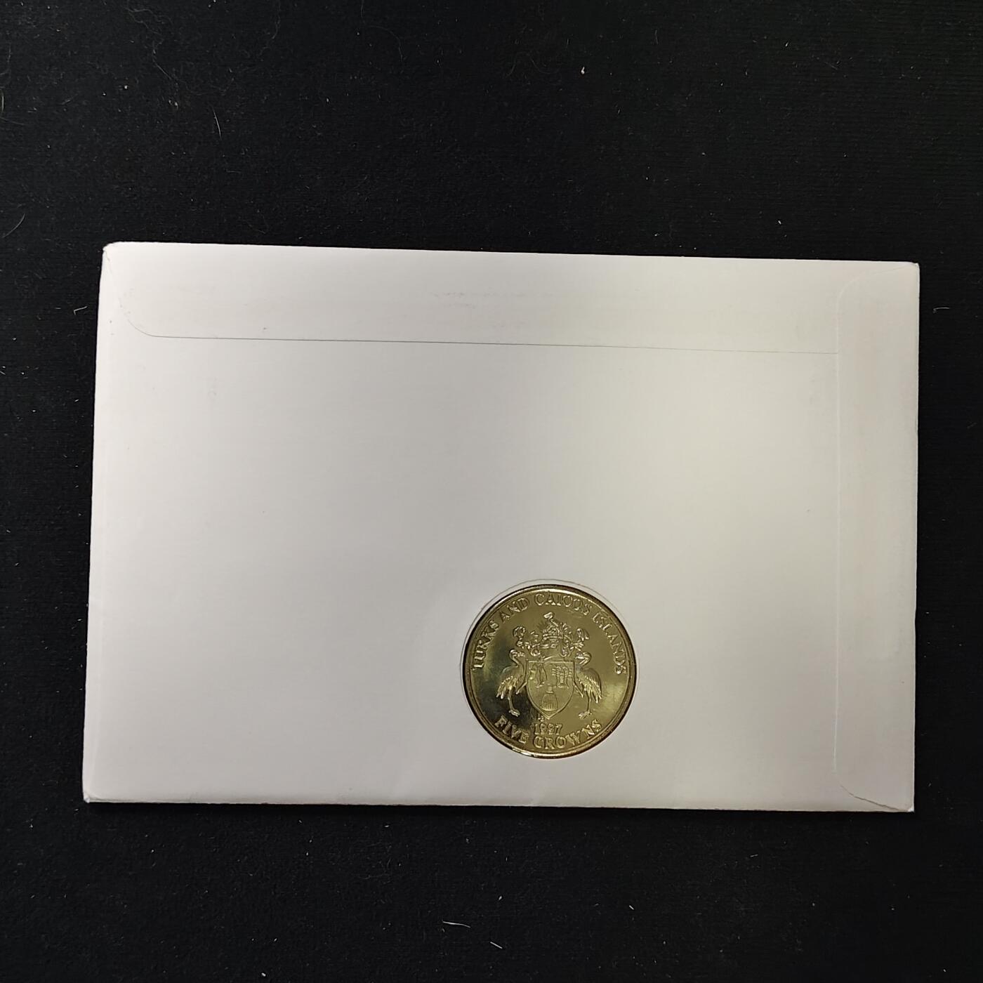 【全场包邮】纯粹捡漏拍485场（免费代拍第22场） 【邮币封】特克斯和凯克斯群岛1997年5克朗女王金婚克朗型纪念币邮币封