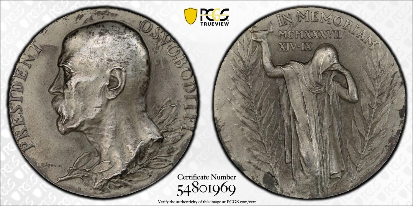 博洋堂世界钱币拍卖第151期（全场包邮） PCGS SP62 唯一亚军分，更高分只有一个。1937捷克斯洛伐克总统去世纪念大银，40mm，名家旧藏！一年后纳粹踏破，捷克不再！