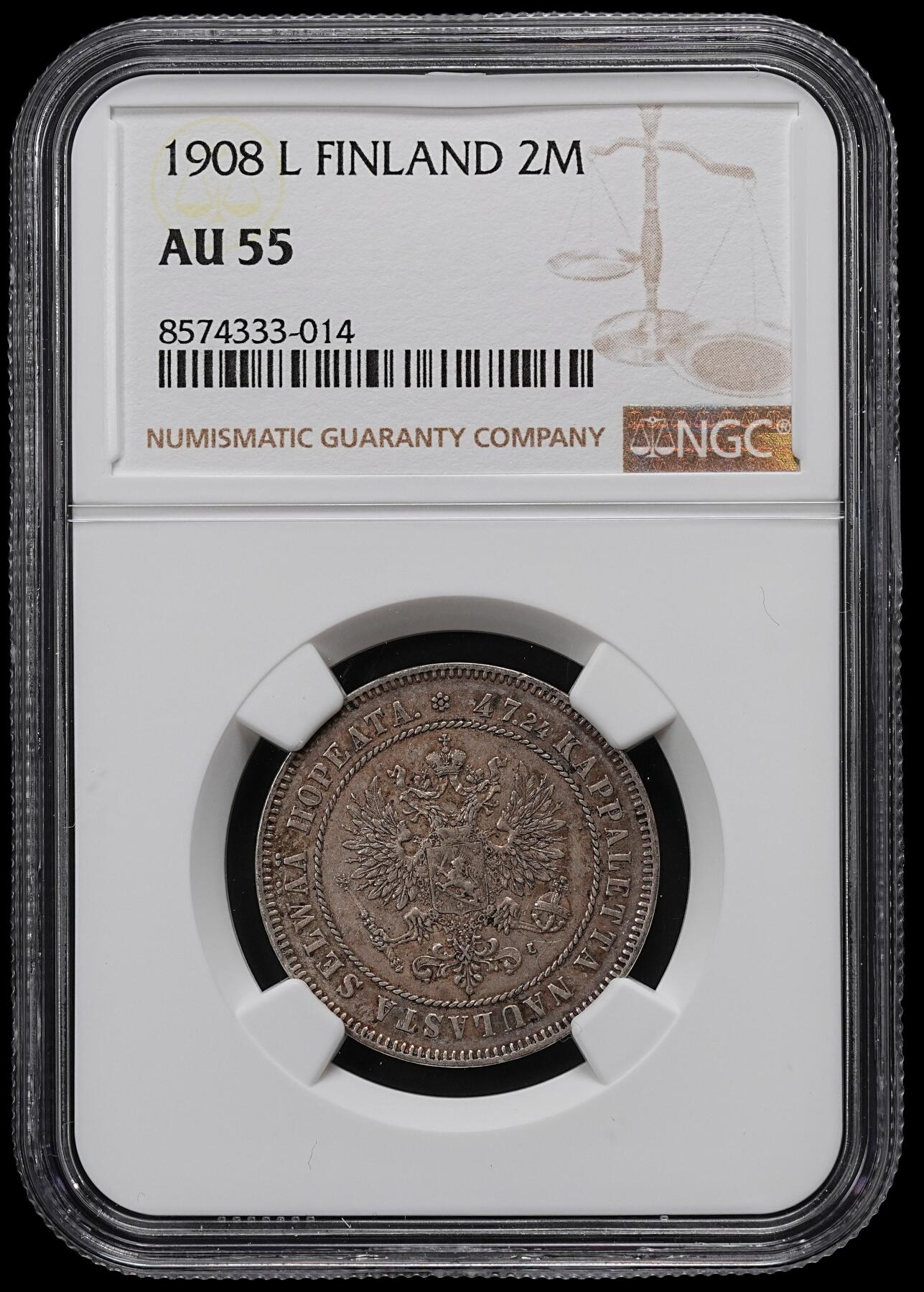 修遠堂世界钱币第九十七期 NGC AU55 1908年芬兰2马克银币 好品少见