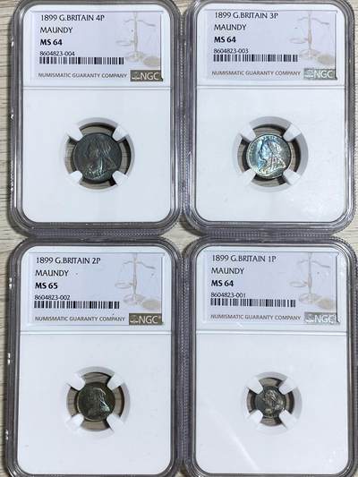 万国钱币拍卖第057期（万国冬季大拍） - NGC MS64~65 1899年英国维多利亚女皇批纱濯足币四枚一套 天鹅绒孔雀蓝彩好状态