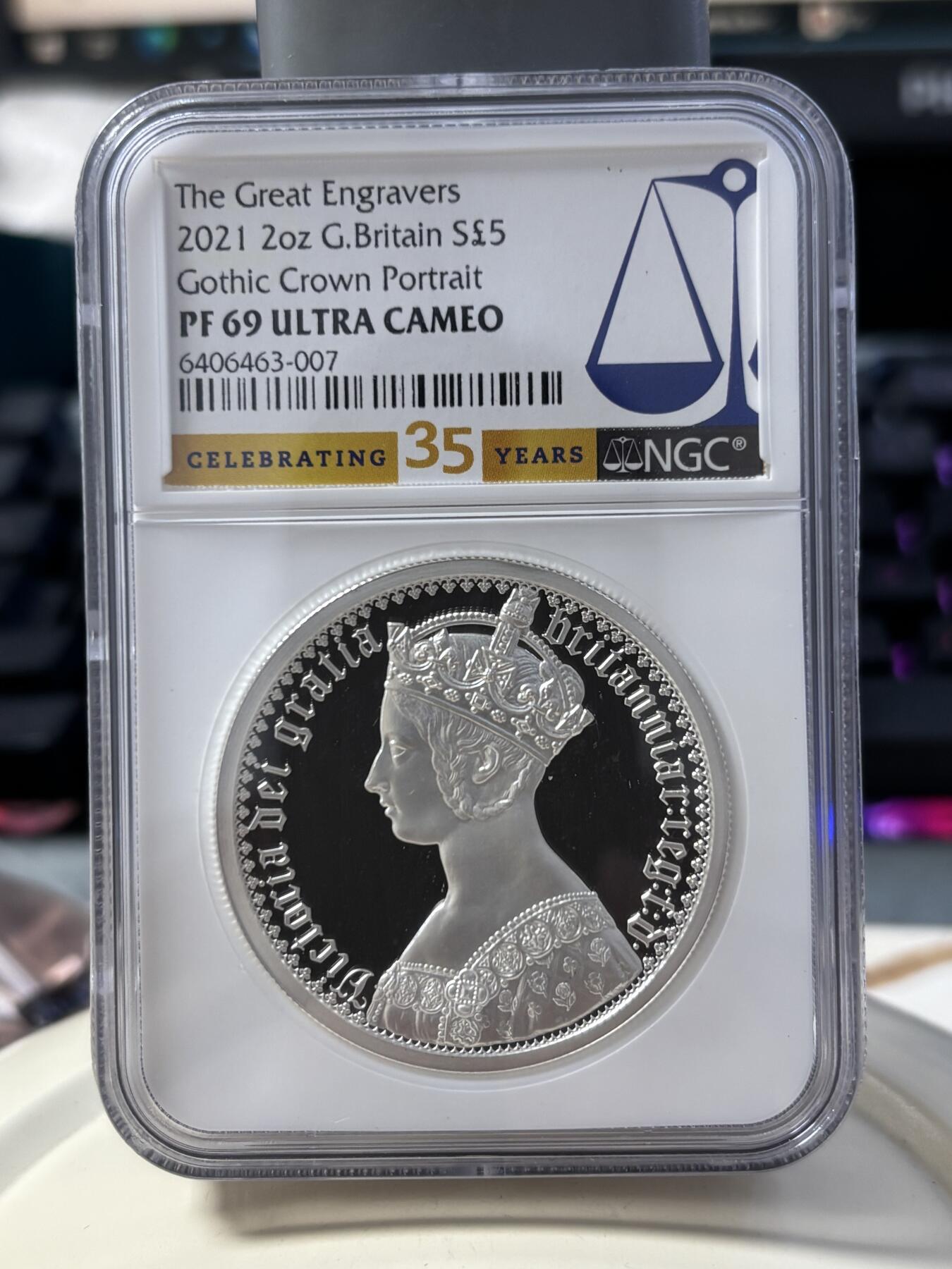 第184期拍卖 英国2021年维多利亚女王雕刻师哥特人像精制纪念加厚银币NGC-PF69，2盎司，999银