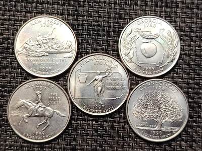 布加迪🐬～世界钱币(上海)🌾第 264 期 /  各国套币和散币 - 美国🇺🇸洲币 1999年 25分 5枚 原卷拆出未流通品相