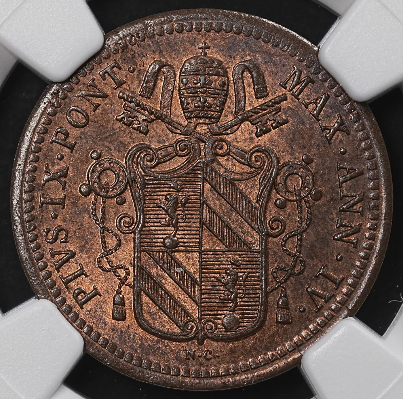 修遠堂世界钱币第九十七期 NGC MS65RB 1850年教皇国 1/2 BAIOCCO铜币 冠军分