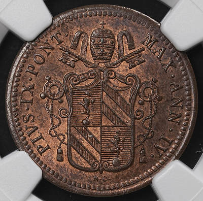 修遠堂世界钱币第九十七期 - NGC MS65RB 1850年教皇国 1/2 BAIOCCO铜币 冠军分