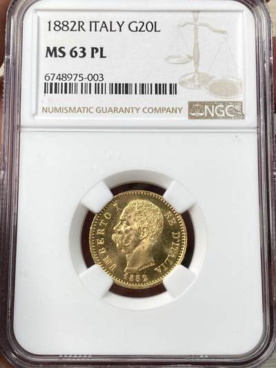 万国钱币拍卖第057期（万国冬季大拍） - NGC MS63PL 1882年意大利王国翁贝托一世20里拉金币 罕见类精制镜面喷砂状态 黝黑镜面底板非常诱人 6.45G 900金