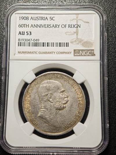 【德藏】世界币章拍卖第157期（拍品征集中~欢迎藏友联系） - 1908年 奥地利弗朗茨·约瑟夫60大寿5克朗纪念大银币 NGC AU53 淡黄油包浆 品相极佳