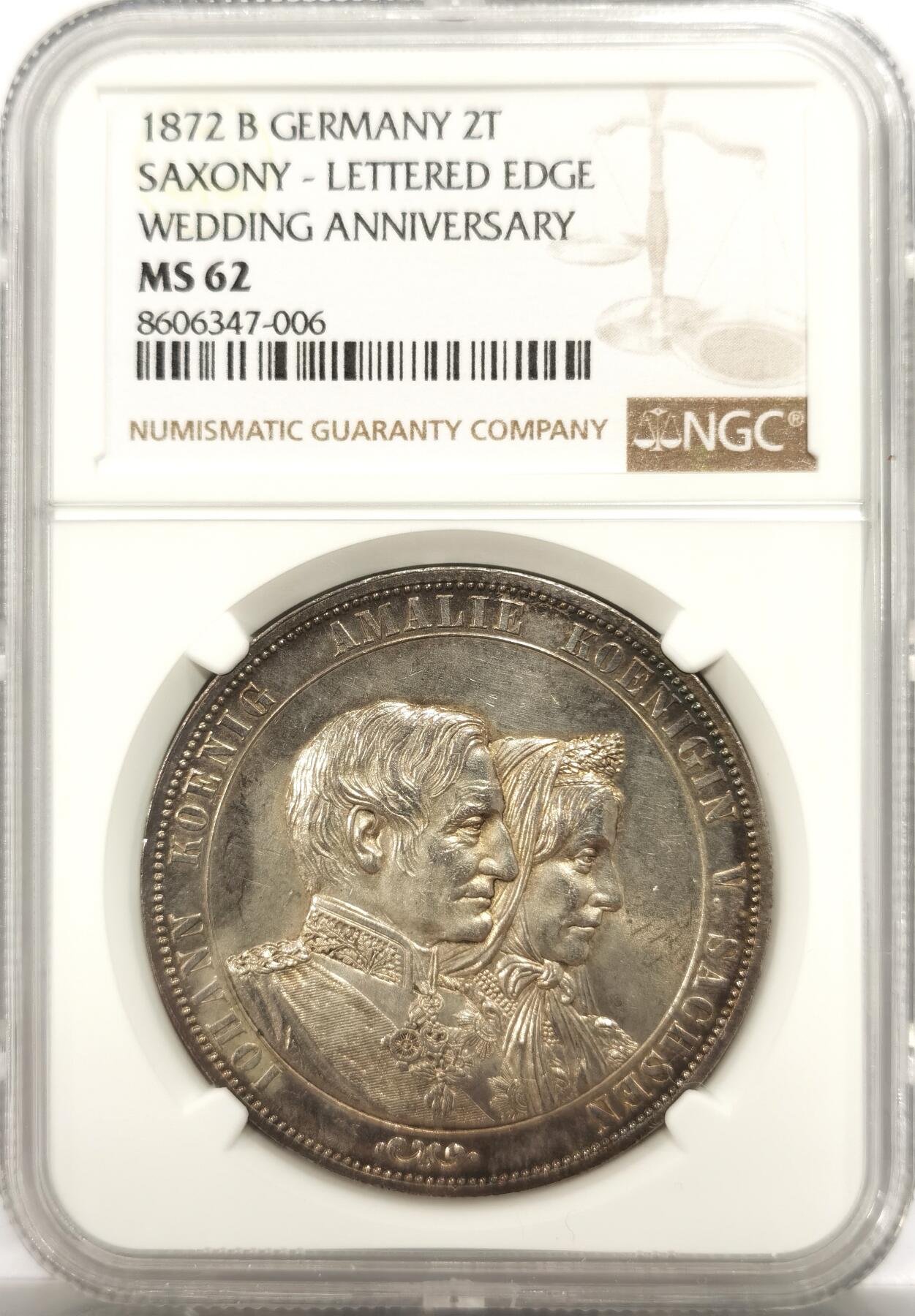 博洋堂世界钱币拍卖第151期（全场包邮） NGC MS62 德国萨克森1872年金婚纪念2泰勒大银币，金色包浆好状态！
