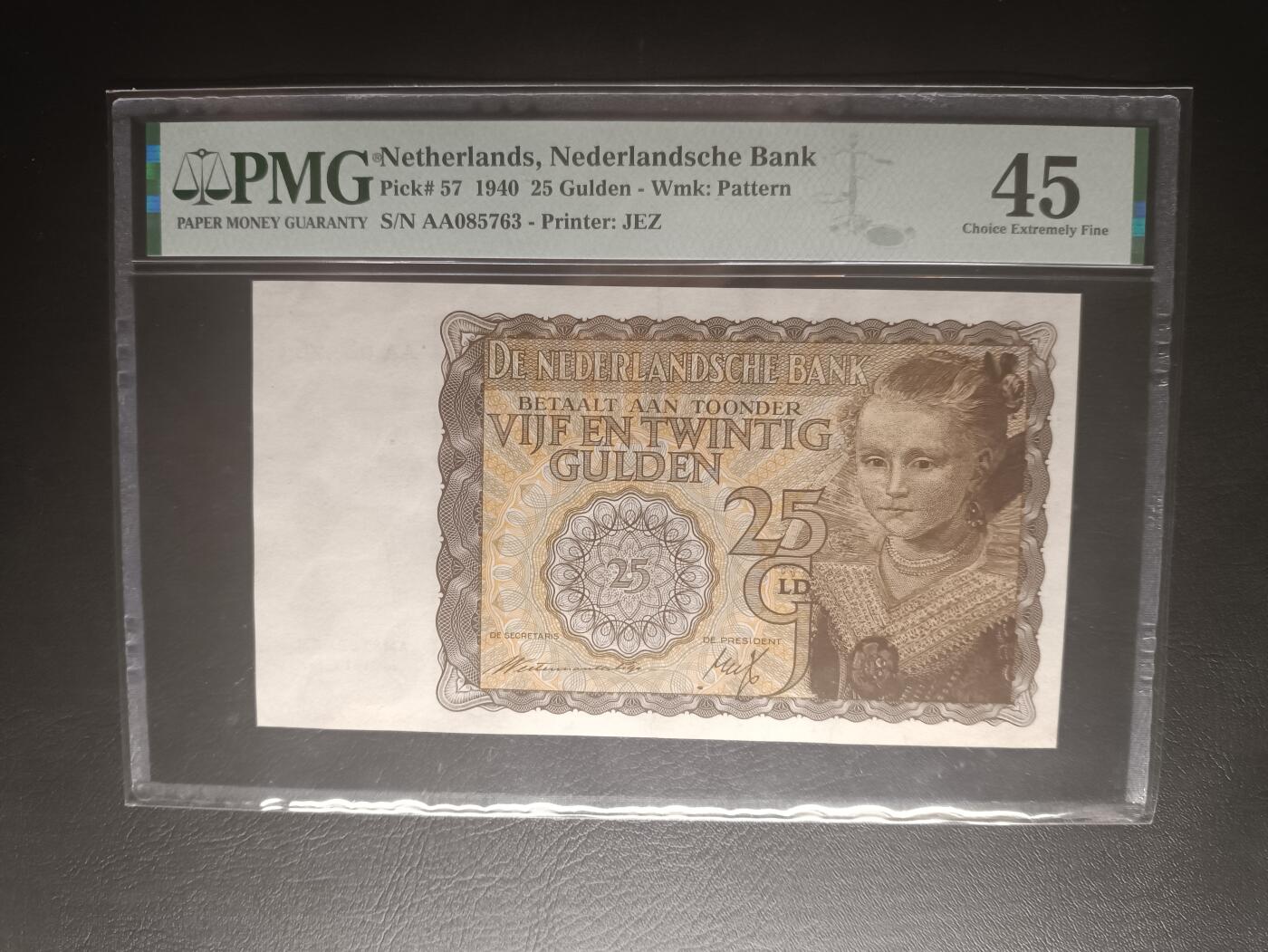 2025十二月第三期，总208期 荷兰1940版25盾PMG45分首冠AA，小女孩肖像