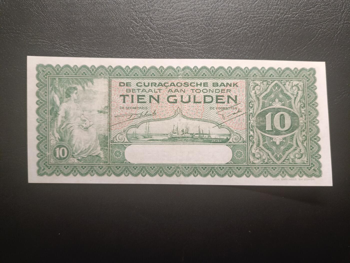 2025十二月第三期，总208期 荷属库拉索1939年10盾流通好品XF，稀有荷属殖民地中高面值品种，库拉索港俯瞰图和女性形象