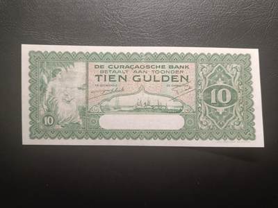 2025十二月第三期，总208期 - 荷属库拉索1939年10盾流通好品XF，稀有荷属殖民地中高面值品种，库拉索港俯瞰图和女性形象