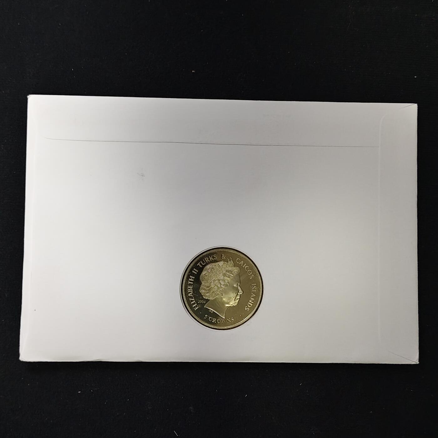【全场包邮】纯粹捡漏拍485场（免费代拍第22场） 【邮币封】特克斯和凯克斯群岛2004年5克朗女王加冕五十周年克朗型纪念币邮币封