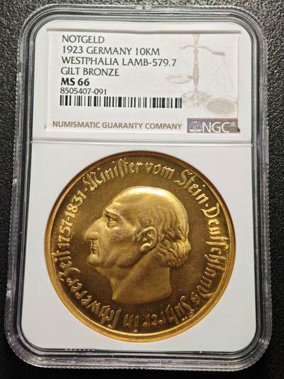 【德藏】世界币章拍卖第157期（拍品征集中~欢迎藏友联系） - 1923年 德国德紧威斯特法伦10000马克镀金大马币铝币 NGC MS66 金水十足 原光极强