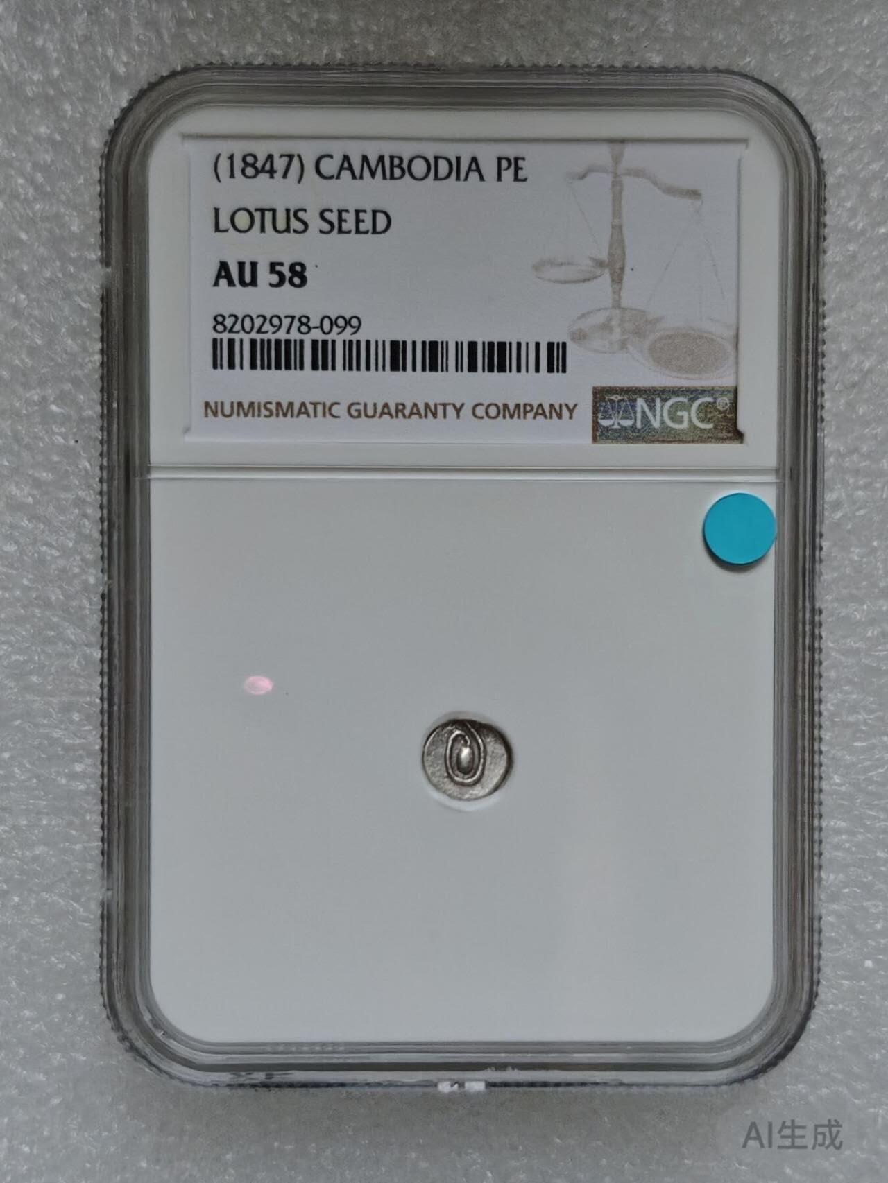 瓶子🏺第220期拍卖会  1847年柬埔寨莲花种子图案打制银币  NGC AU58  稀少品种  佛教莲花台座种子图案