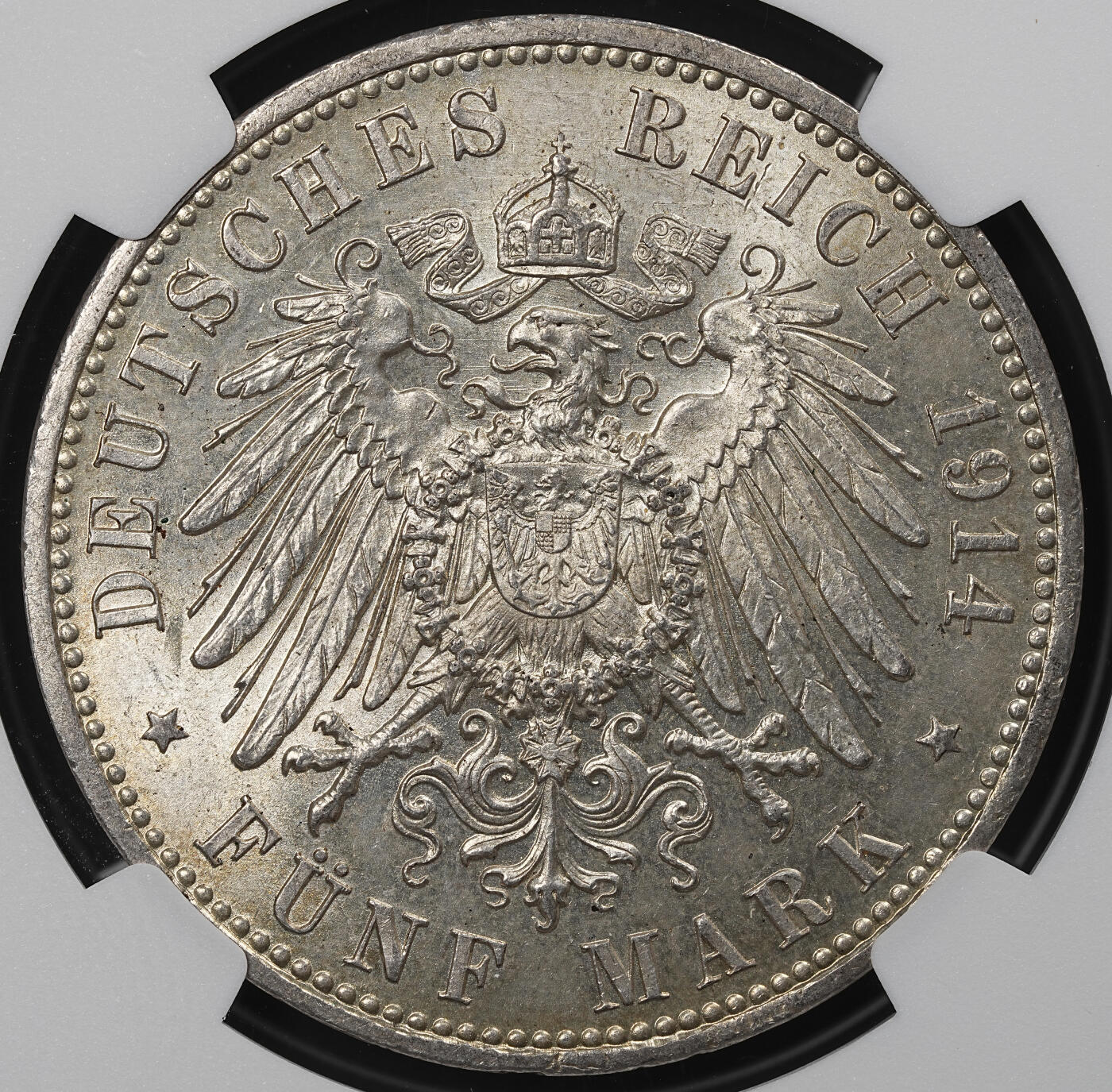 修遠堂世界钱币第九十七期 NGC MS63 1914年普鲁士威廉二世军装5马克大银币 流通版马克MS少见 MS63书价400美金