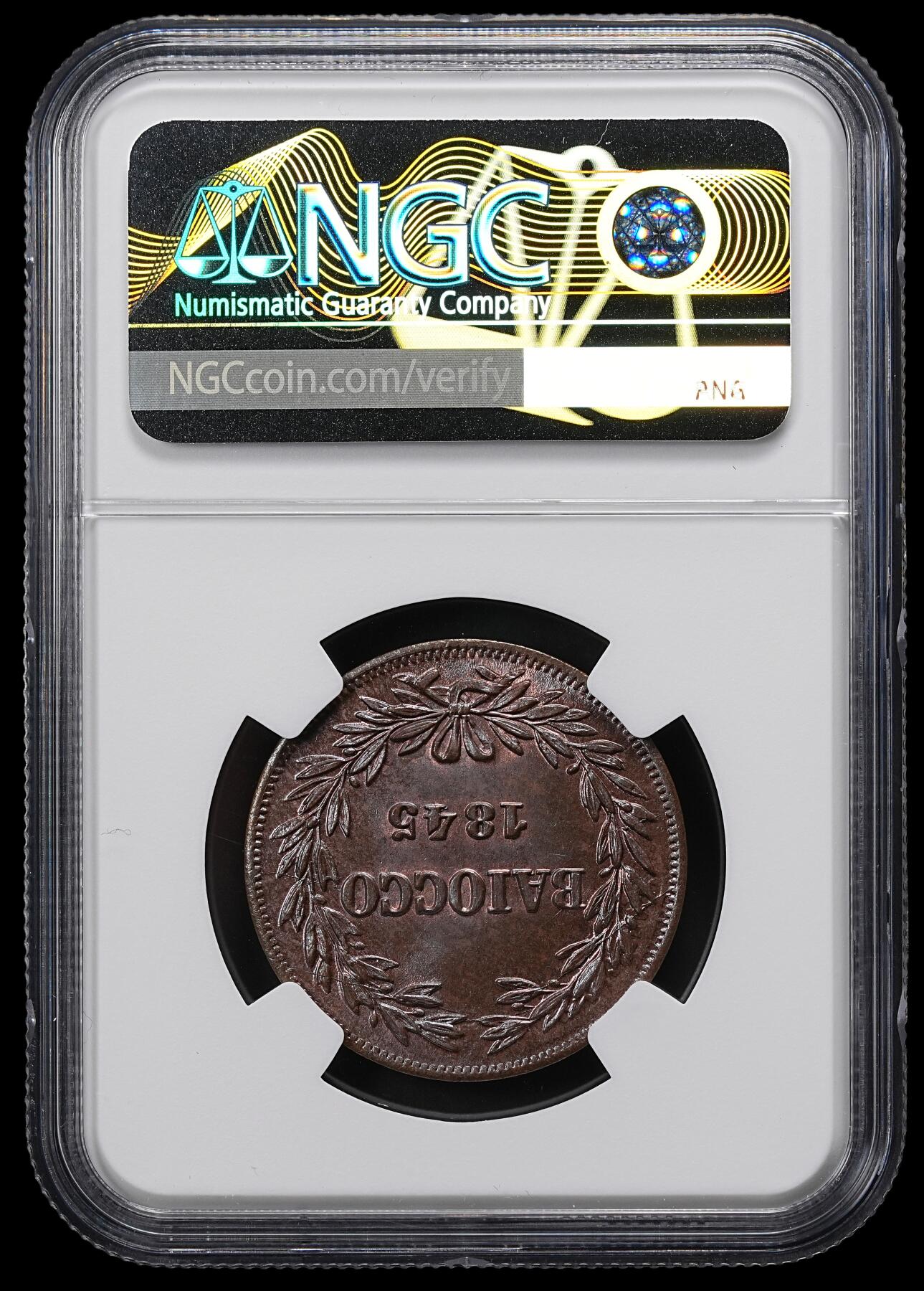 修遠堂世界钱币第九十七期 NGC MS65BN 1845年教皇国1 BAIOCCO铜币 唯一冠军分