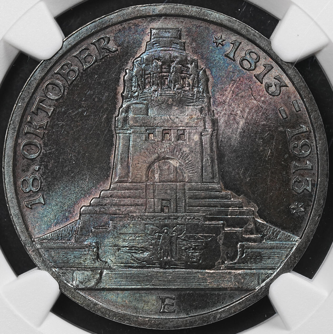 修遠堂世界钱币第九十七期 NGC MS63 1913年萨克森-莱比锡战役百年纪念3马克银币 极品幻彩