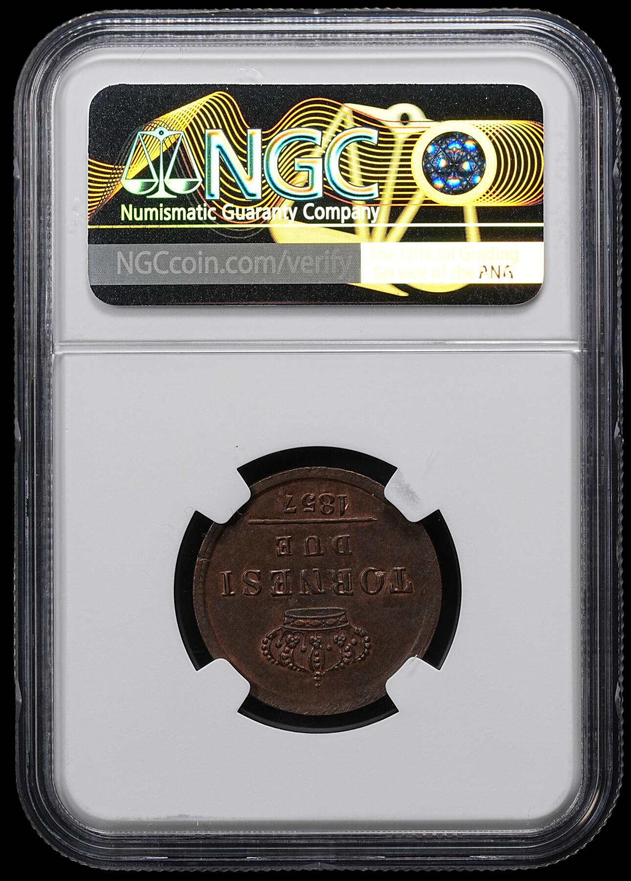 修遠堂世界钱币第九十七期 NGC MS62BN 1857年那不勒斯和西西里王国2 TORNESI铜币