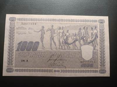 2025十二月第三期，总208期 - 芬兰1945年1000马克AUNC首批次A首冠A，此系列极稀有的大票幅大面值，象征着民族的起源和前进的意境画和国徽