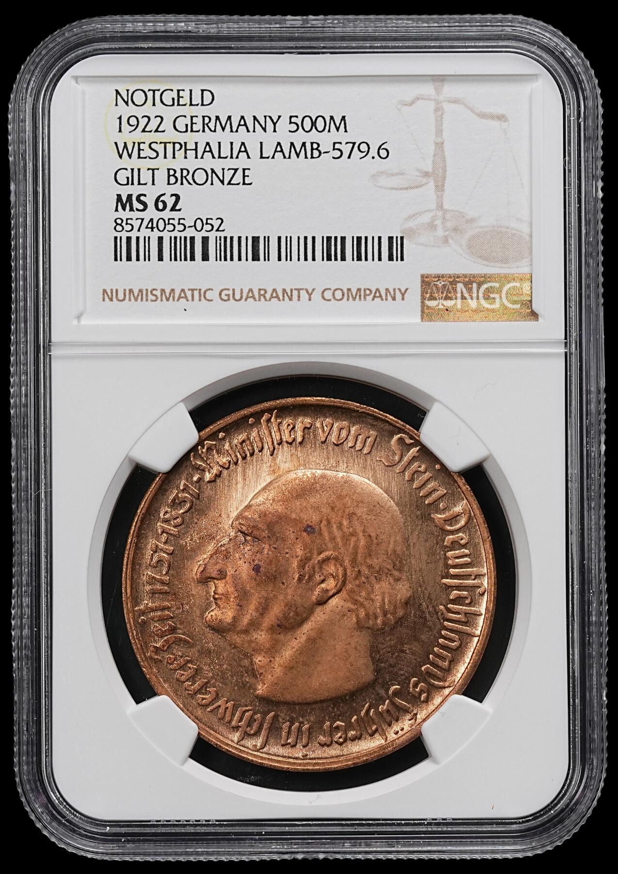 修遠堂世界钱币第九十七期 NGC MS62 1922年德国紧急时期威斯特法伦500马克铜鎏金马币