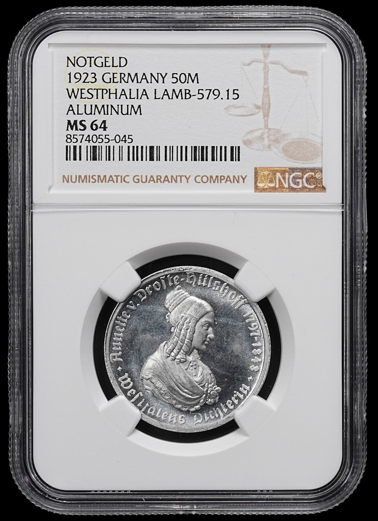 修遠堂世界钱币第九十七期 NGC MS64 1923年德国紧急时期威斯特法伦50马克铝质马币 女人头