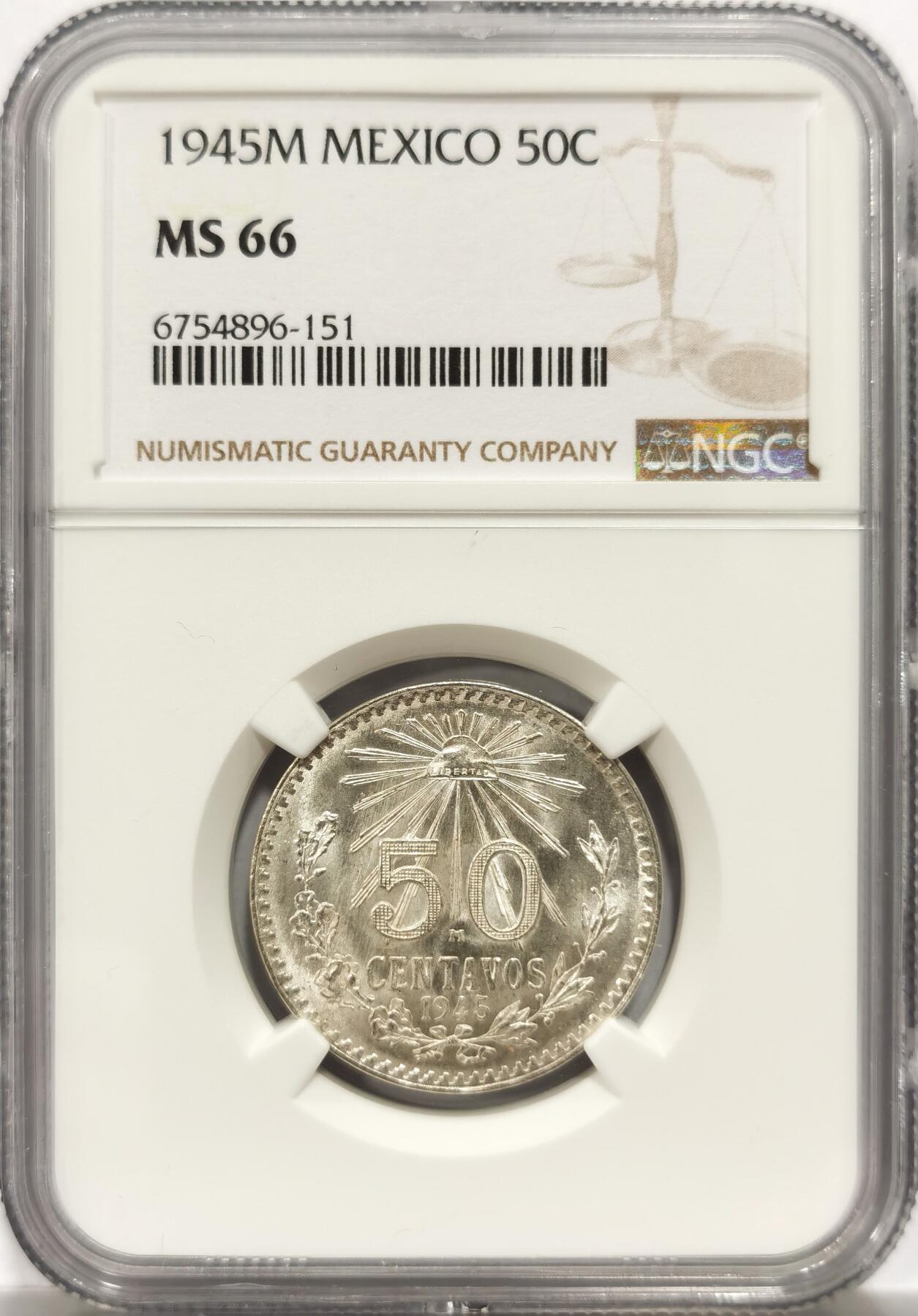 博洋堂世界钱币拍卖第151期（全场包邮） NGC MS66 墨西哥1945年50分鹰洋银币，高分难得-2