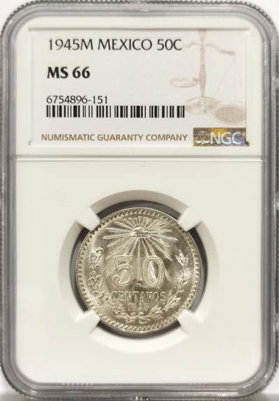 博洋堂世界钱币拍卖第151期（全场包邮） - NGC MS66 墨西哥1945年50分鹰洋银币，高分难得-2