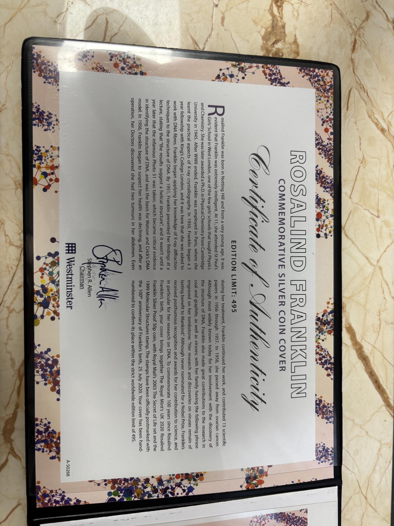 第185期拍卖 英国2020年物理学家罗莎琳德·富兰克林纪念银币首日封，925银，8克，