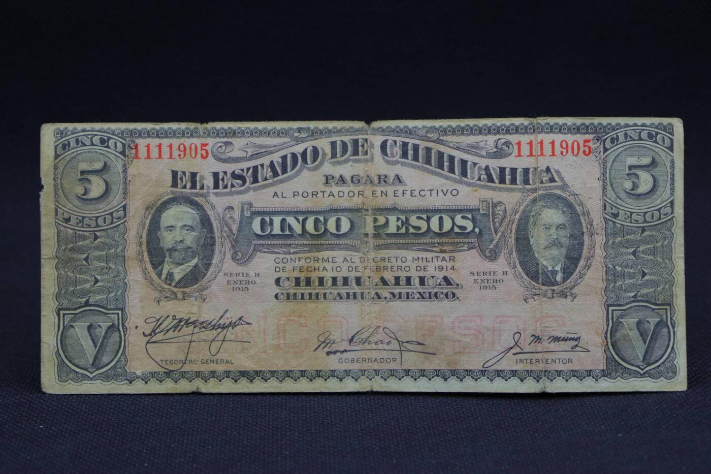 【淘币小摊】限时拍第八百二十八拍  纸币场  满百包邮可预留两周  周一统一发货   墨西哥1915年5比索纸币【有折】